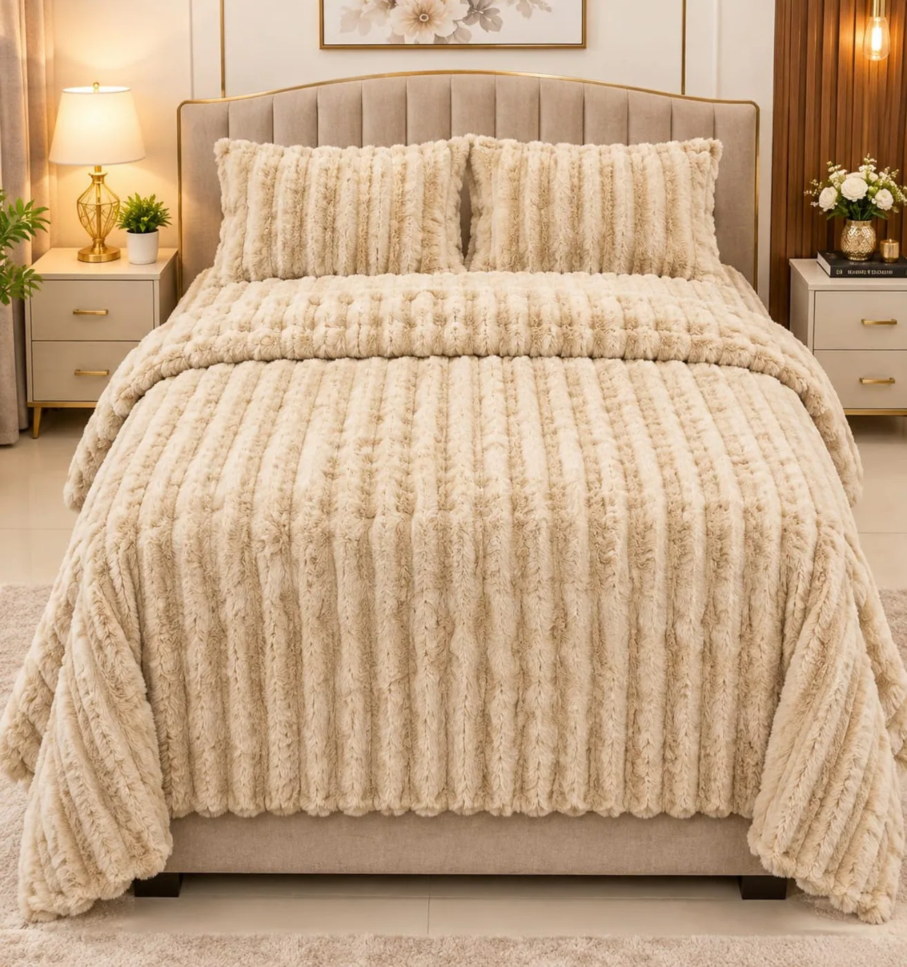 Beige Plain Fleece 4 PCs Set